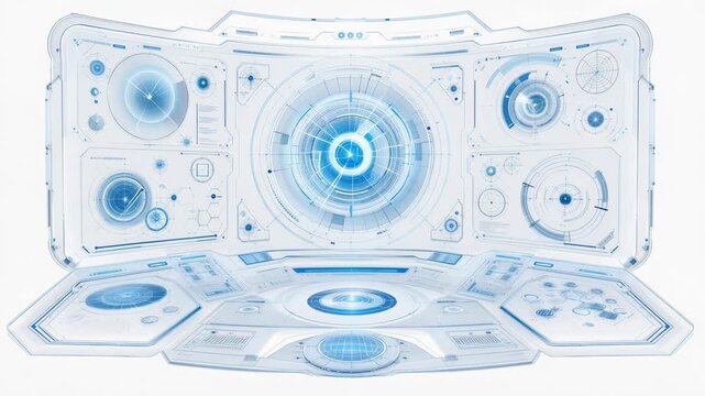 Futuristic digital interface with blue circular HUD and technical graphics