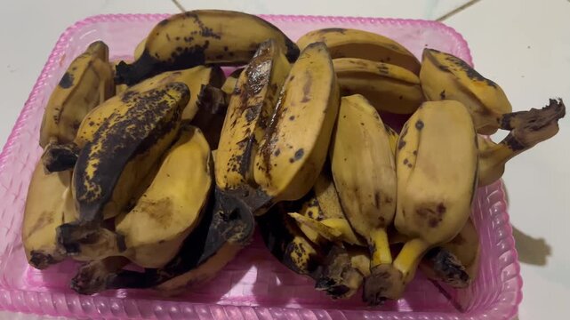 Macro shot of boiled yellow Saba bananas on a tray