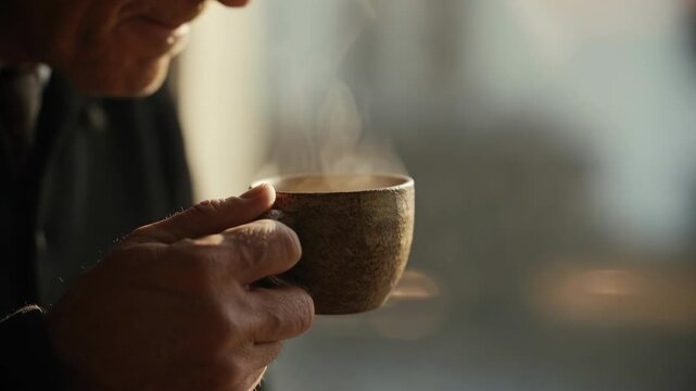 Hands holding warm cup of tea close up