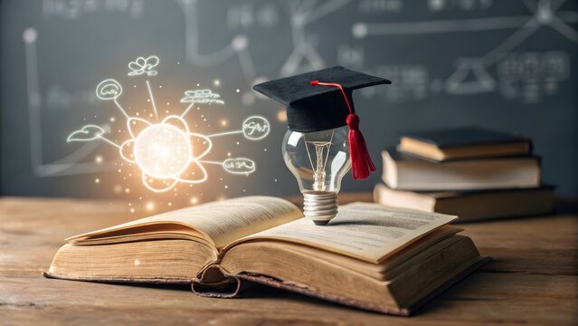 Light bulb with graduation cap on open book. Concept of education and creative learning.