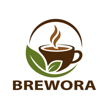 Brewora coffee shop logo template with organic coffee cup and green tea leaf emblem for caf&eacute; branding