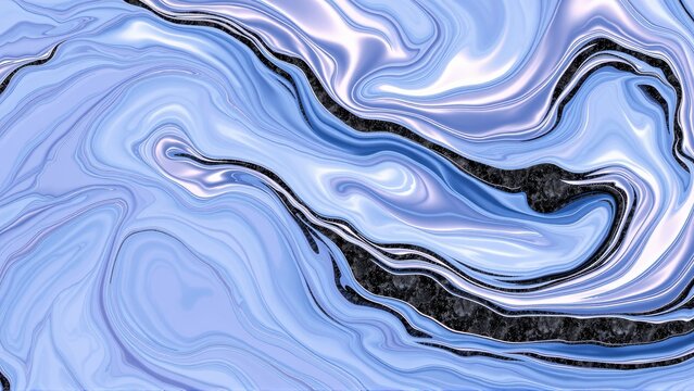 Abstract fluid marble texture. Swirls blend light blue, silver, black. Background is solid dark color. Elegant design.