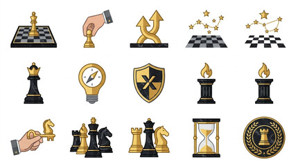 Collection of Chess Pieces and Strategy Symbols. © ti