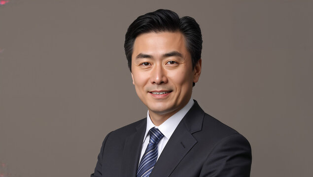 グレー of ビジネススーツを着て知的な微笑みを湛える日本人男性経営者