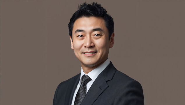 グレー of ビジネススーツを着て知的な微笑みを湛える日本人男性経営者