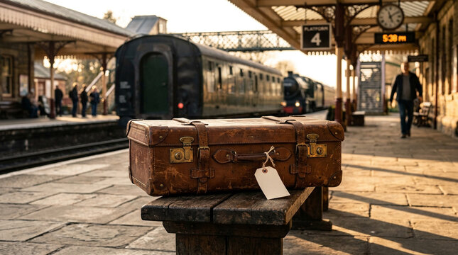 Abandoned vintage train carriage at empty station platform. Rustic railcar with graffiti in golden sunlight urban transport setting.
