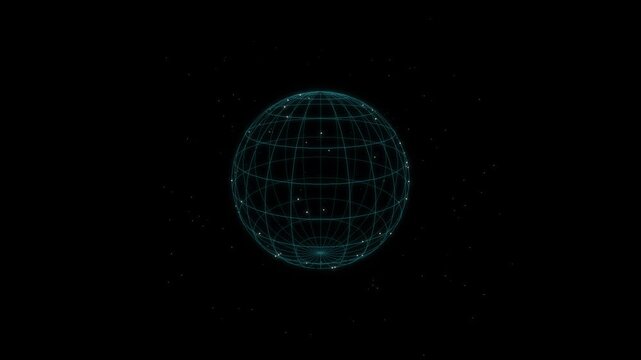 Holographic wireframe sphere rotating in dark space, futuristic loop