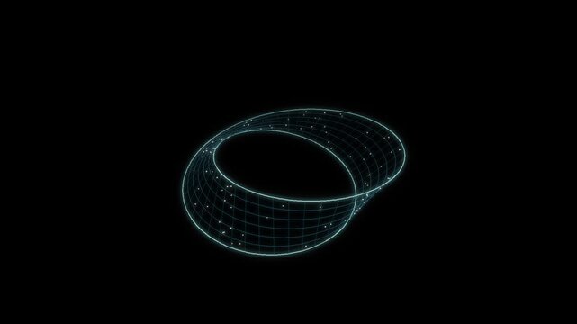 Holographic Mobius strip rotating in dark space, futuristic seamless loop