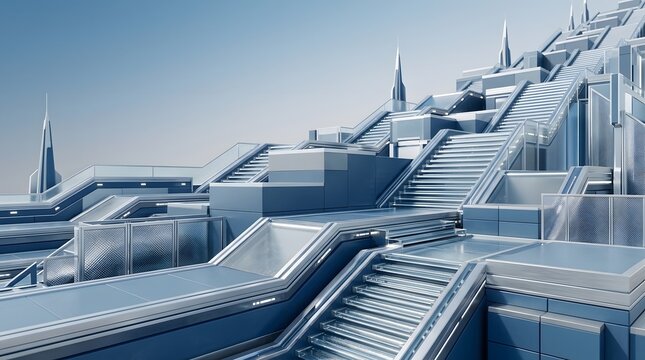 Futuristic blue architectural structure with multiple glass and metal staircases ascending towards a clear sky with sharp spires and modular tech building elements.