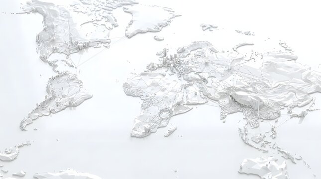 Minimalist white 3D world map featuring low-poly continents with stylized city architecture and interconnected network lines representing global data and digital communication.