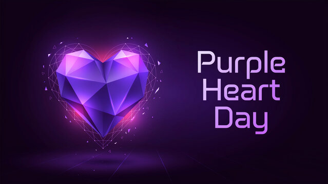 Purple heart shape graphic with geometric design for Purple Heart Day