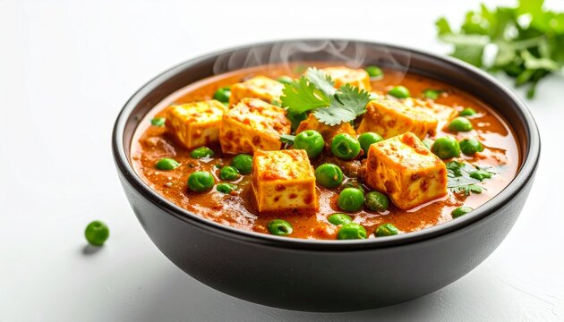Hot matar paneer curry with steam rising, green peas and paneer cubes in rich sauce, white background, spacious copy space
