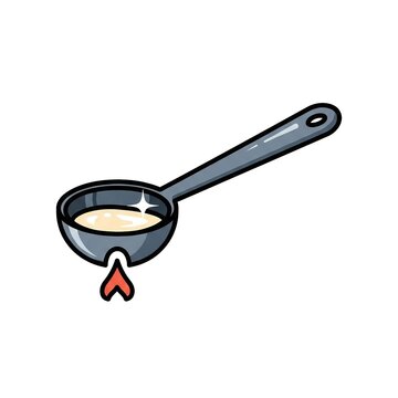 Illustration of a small metal ladle heating liquid over a fire flame.