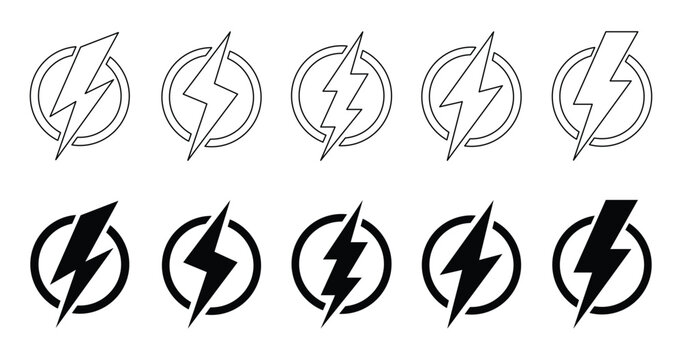 Lightning bolt emblem in circle energy symbol and power icon vector set with outline and solid silhouettes