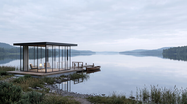 Glass cabin on a wooden dock with a rowing boat on a misty lake
