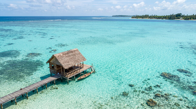Thatched overwater hut on stilts above a turquoise tropical lagoon with jetty