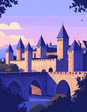 Minimalist flat vector travel poster of Carcassonne France with medieval walled fortress. Retro French landscape illustration with copy space.