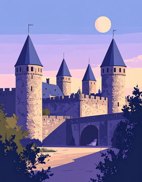 Minimalist flat vector travel poster of Carcassonne France with medieval walled fortress. Retro French landscape illustration with copy space.