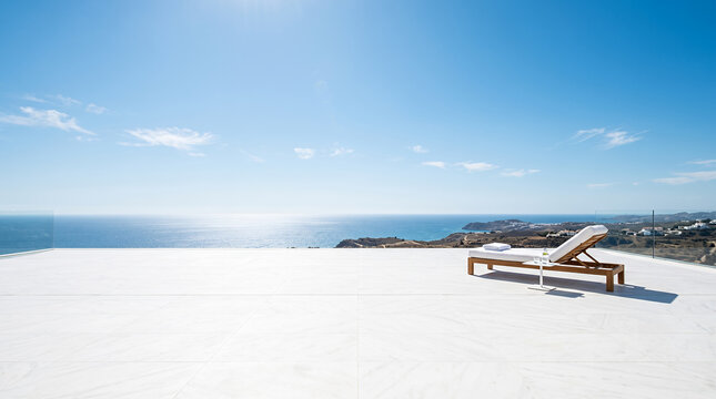 White marble terrace with a wooden lounger above a sunlit coastline