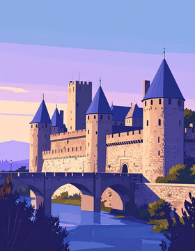 Minimalist flat vector travel poster of Carcassonne France with medieval walled fortress. Retro French landscape illustration with copy space.