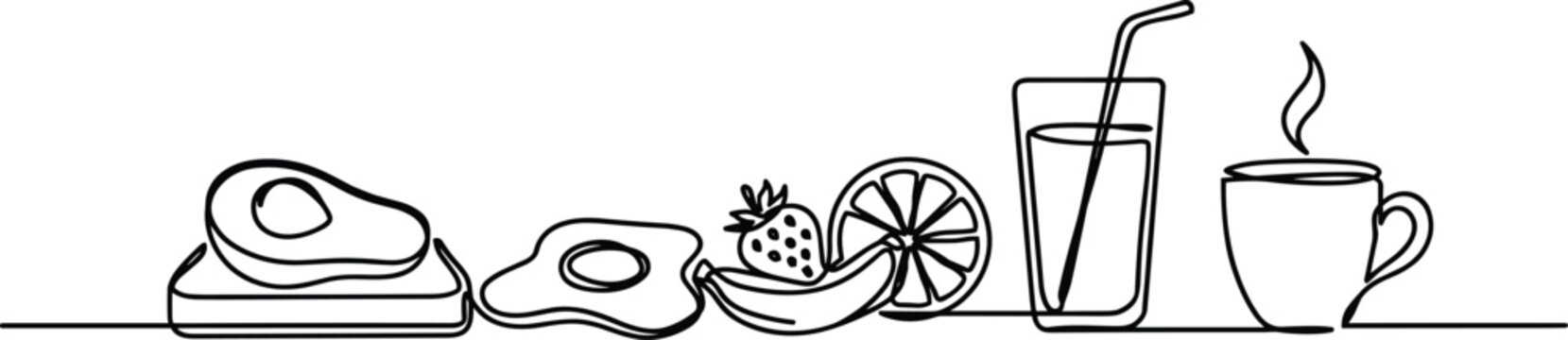 Continuous line of breakfast foods, avocado toast, egg, fruit, and coffee