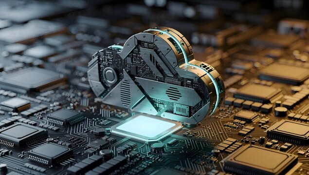 Cloud computing icon on futuristic circuit board, secure cloud infrastructure concept, digital data storage and advanced network technology background