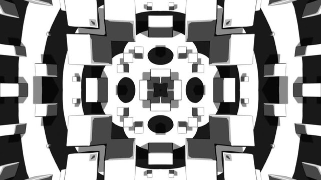 High Contrast Monochrome Kaleidoscope Background with Abstract Geometric 3D Elements Dynamic Symmetry for Broadcast Graphics and Digital Content