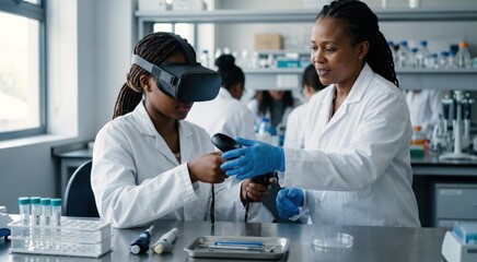 Fototapeta premium Public health workshop portrait of a young African lab student using VR controllers beside a gloved instructor, with a lab coat, specimen rack, and sterile table tools nearby; soft window light
