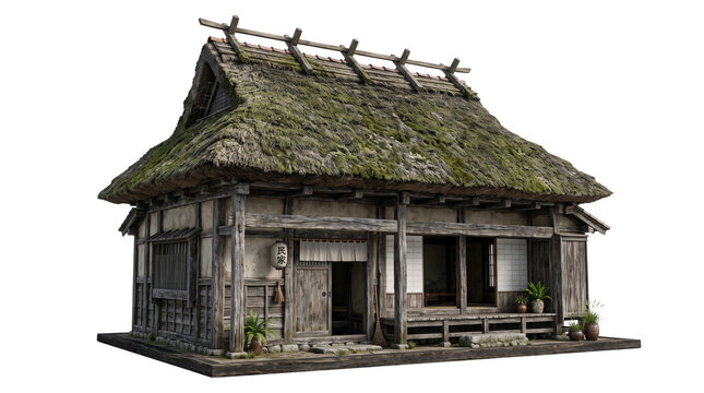 Traditional Japanese minka house with thatched roof, ancient wooden farmhouse architecture, rustic oriental cottage isolated on white background