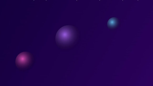 Minimalist digital art featuring three glowing, spherical orbs of varying sizes and colors against a deep, solid purple gradient background with soft, ethereal light effects.
