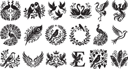 Fototapeta premium Ornamental Bird Silhouette Collection, Elegant Peacock Swan Dove Phoenix and Floral Decorative Vector Set Isolated on White Background