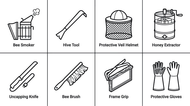Set of beekeeping tools and equipment icons minimalist line art vector design 