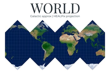 World Map. HEALPix projection. Hierarchical equal-area pixelization for astronomy. High detail physical topography. Galactic approx rotation lat 0 lon -33. © Eugene Ga