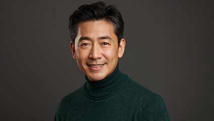 Fototapeta premium フォレストグリーンのセーターを着て頼もしい笑顔の日本人男性