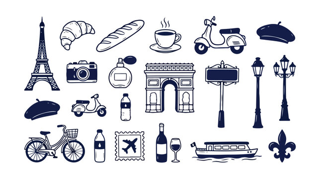 Parisian travel vector icon set, hand-drawn French culture and landmark illustrations, vintage monochrome European tourism graphics for web and print.