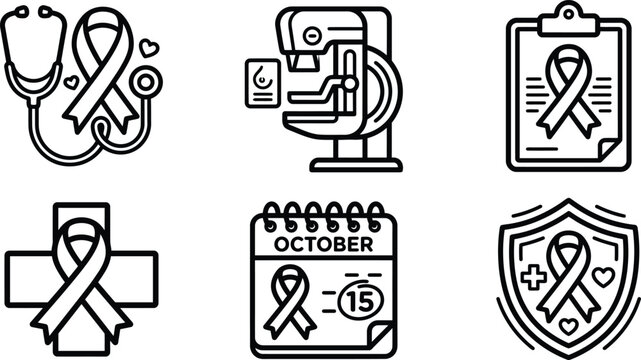 Breast Cancer Awareness Medical Icon Set &ndash; Stethoscope, Mammogram Machine, Clipboard, Medical Cross, October Calendar, Shield Icons Bundle