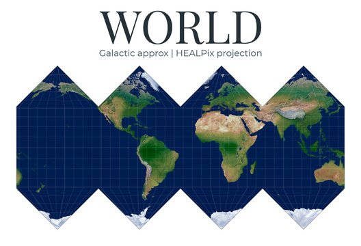 World Map. HEALPix projection. Hierarchical equal-area pixelization for astronomy. High detail physical topography. Galactic approx rotation lat 0 lon -33.