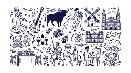 Obraz premium Spanish culture doodle vector collection, hand-drawn Spain travel icons, traditional food, art, and landmark illustrations, black and white line art set for tourism and design projects