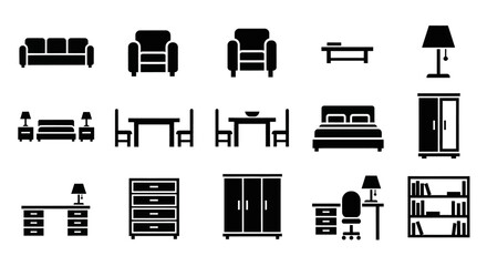 Collection of various black furniture and home decor icons including sofas armchairs beds tables lamps wardrobes and bookshelves in a minimalistic style © Pabitra