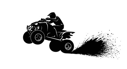 Dynamic silhouette of an all terrain vehicle rider jumping with splash effect in motion on a stark white background with splatter effects with effects emphasizing movement © Pabitra