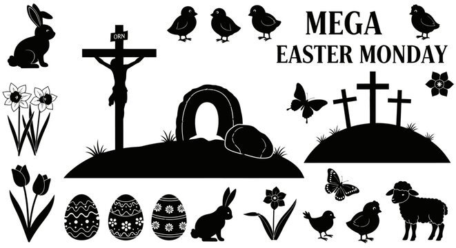 Easter monday celebration with symbolic icons including rabbits crosses eggs flowers birds and butterflies in black with various Easter symbols rabbits