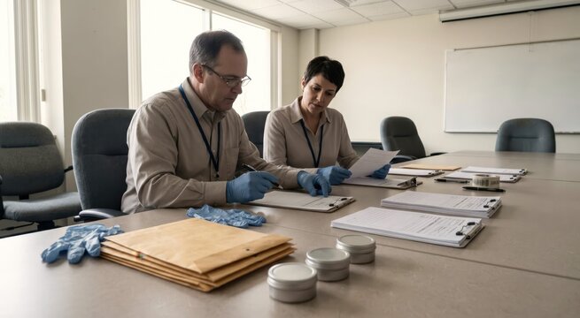 Regulatory team meeting in a plain conference room, with sample product tins, disposable gloves, and a stack of unlabeled evidence envelopes on the table, while two officials review blank forms in