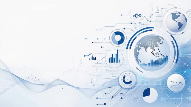 Abstract technology and data visualization with charts and globe in blue tones