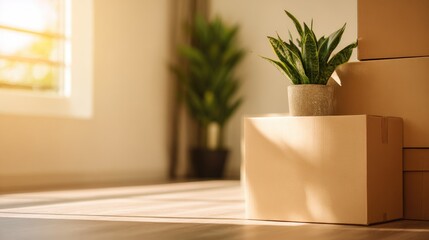 Fototapeta premium Cardboard moving boxes with potted green plants in a bright home interior