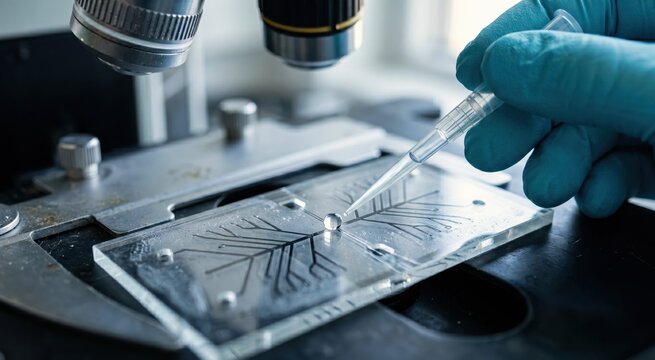 Close-up lab still life of a microfluidic chip carrying a single bead of water between etched channels, paired with a pipette tip, nitrile-gloved hand, and blurred microscope stage under cool