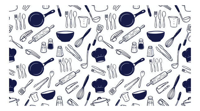 Hand-drawn kitchen utensils seamless pattern, dark blue cooking tools and chef's hat vector illustration, culinary equipment background for restaurant menus and food blogs