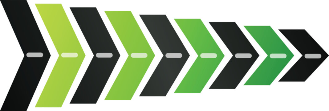 Green and black chevron arrow progression moving forward against white background symbolizing growth and direction