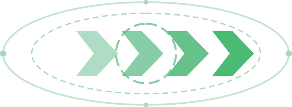 Green chevron arrows moving forward in a light dashed oval against white background symbolizing progress and forward motion