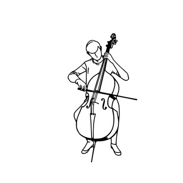 Cello performer set with continuous single line illustration emphasizing posture and instrument featuring cello, musician, orchestral art with minimalist and single black stroke