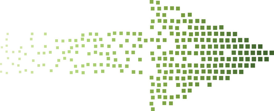 Digital arrow formed by pixels dissolving into motion against white background